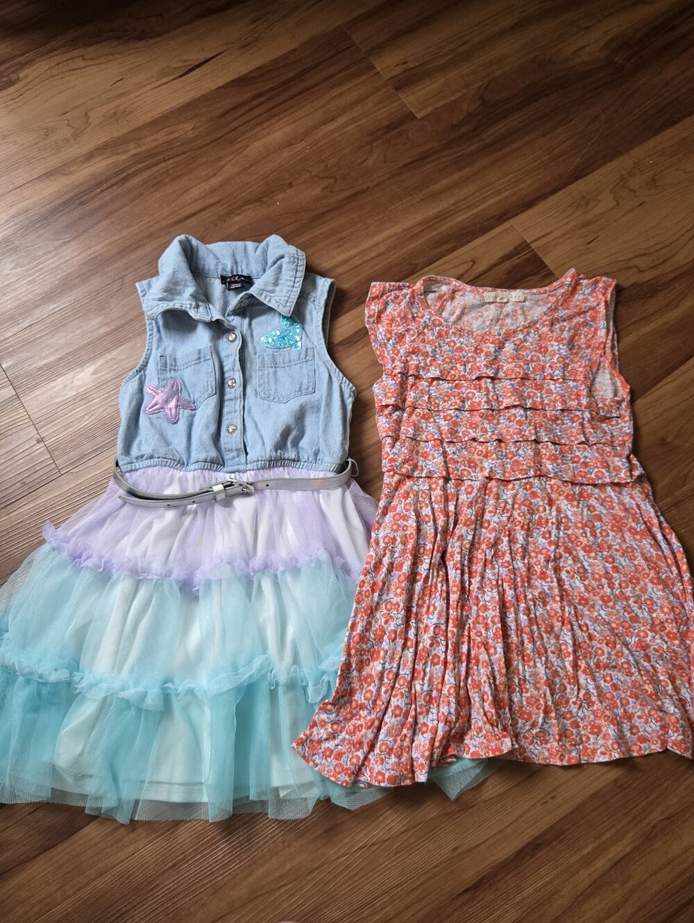 Denim & Aqua Tulle Layered Mermaid & Orange Floral Dress set of 2 size 4/5 VGUC